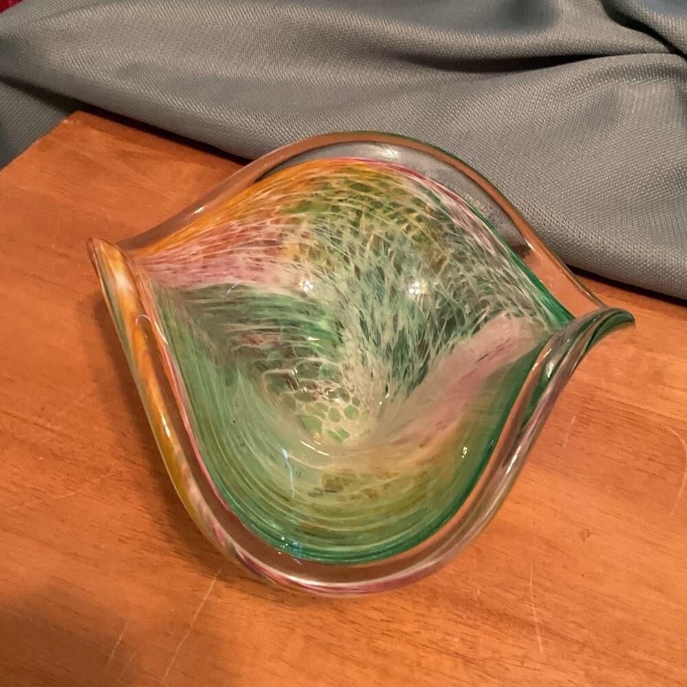 Lavorazione A Mano M. Murano Glassware Crystal Clear Glass Multicolor Bowl Italy